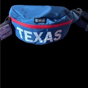 Robin Ruth Blue Belt Bag with Red Zipper and TEXAS Print